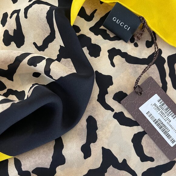 New Gucci Oversize Shawl Leopard Print Silk Yellow Wrap Scarf Cover - Picture 10 of 16
